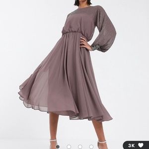 ASOS DESIGN midi dress with linear yoke embellishment in mauve - US 8